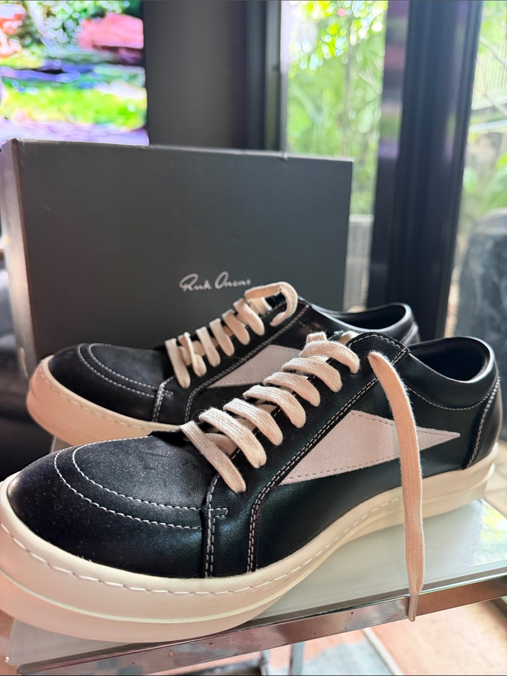 Rick Owens Black and White Low-Top Sneakers with Cream Laces